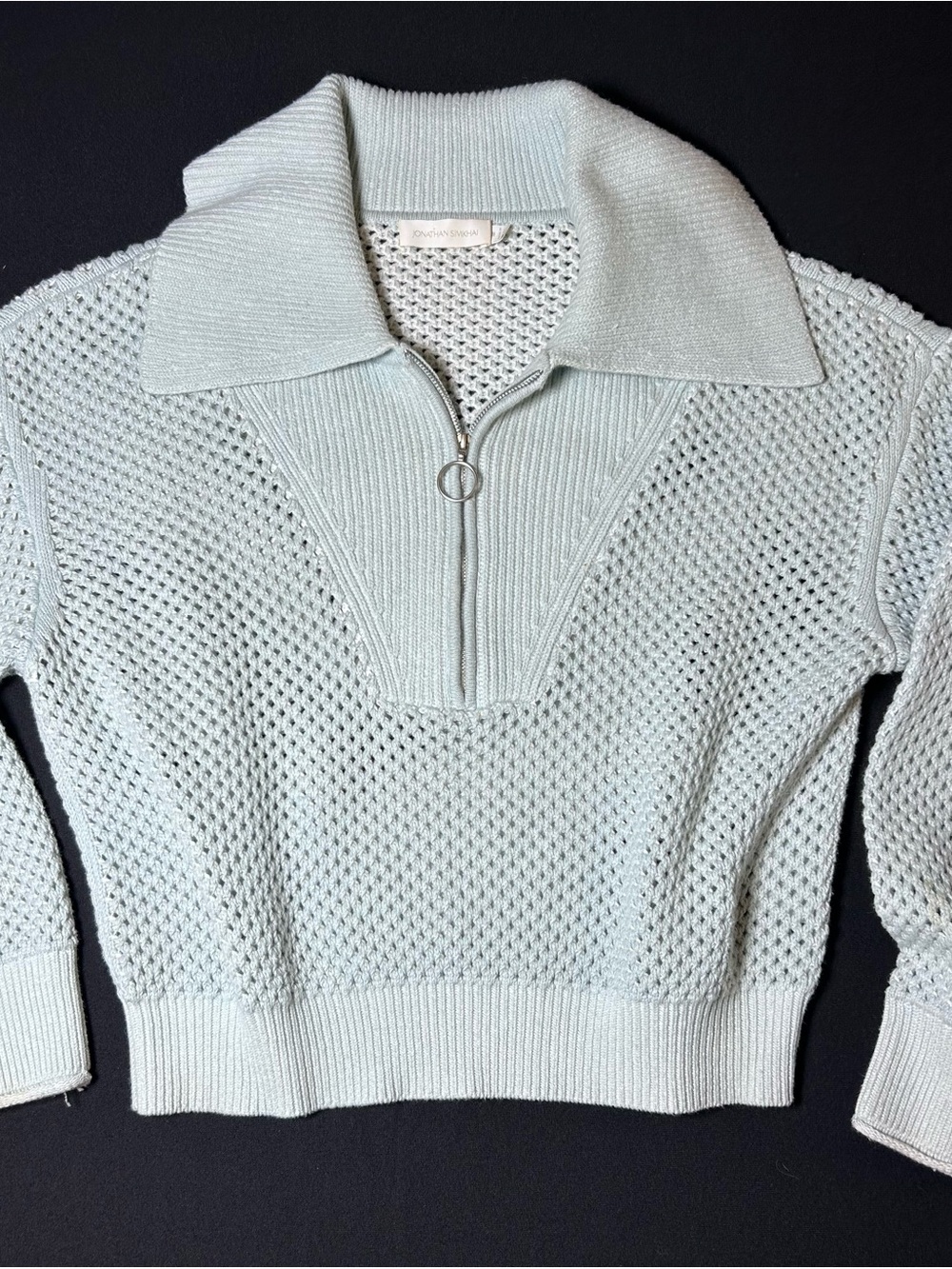 Jonathan Simkhai Ariella Sweater Medium Blue Open Knit Half Zip Cotton Wool